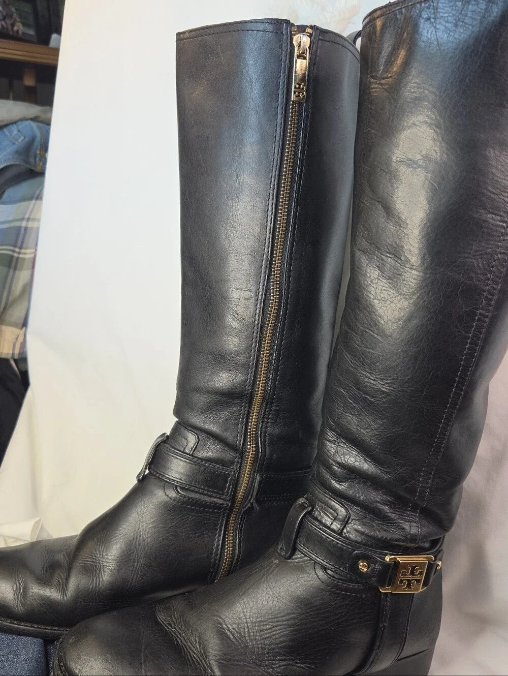 Tory Burch Alessandra Black Leather Tall Riding Boot Gold Hardware Sz 8M Classic